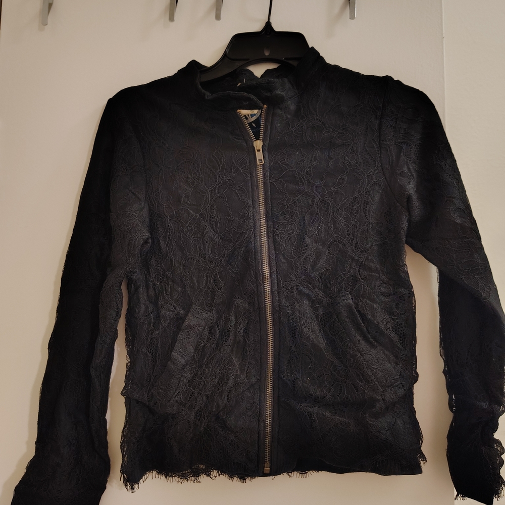 Planet BLUE Blue Life Black Lace Zip-Up Bomber Jacket